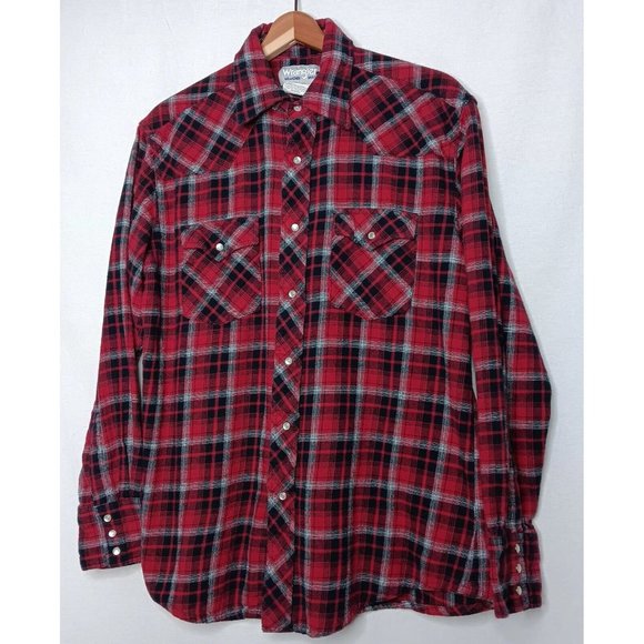 Wrangler Wrancher Mens Large Flannel Shirt Red Plaid Western Pearl Snap Cowboy - Picture 2 of 14